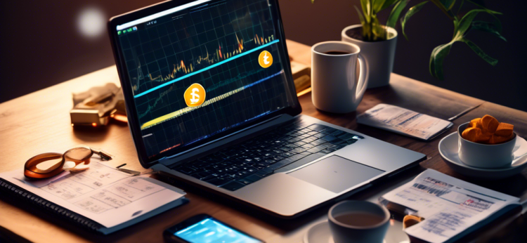 Create an image of a beginner-friendly guidebook titled 'Crypto Trading: A Beginner's Guide to Digital Currency Exchange', resting on a desk with a laptop displaying a cryptocurrency market chart, various digital currency symbols floating around, and a coffee mug. The scene should be well-lit with a modern, clean aesthetic, emphasizing an inviting and educational atmosphere.