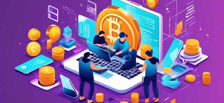 Create an illustration depicting a step-by-step guide for beginners on how to buy cryptocurrency. Show diverse characters using laptops and smartphones, researching, creating accounts on crypto exchanges, setting up wallets, and making their first crypto purchase. Integrate elements like Bitcoin, Ethereum logos, charts, and security symbols to highlight key concepts and tools involved in the process.