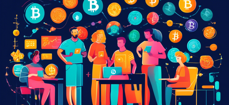 Create a colorful and friendly illustration featuring a diverse group of beginners learning about cryptocurrency. Include visual elements like coins with Bitcoin, Ethereum, and other cryptocurrency logos, a chalkboard with simplified charts and graphs, and friendly icons representing blockchain and digital wallets. The setting should be a modern classroom with a bright and engaging atmosphere.