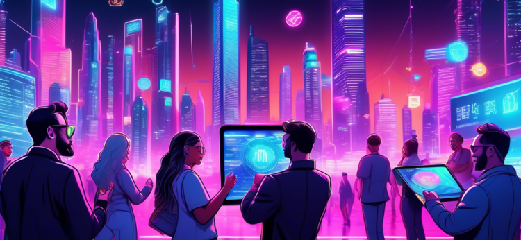 Create an image depicting a futuristic cityscape in 2023, illuminated by neon lights and holographic billboards displaying various cryptocurrencies. In the foreground, a diverse group of tech-savvy investors excitedly examining a digital tablet showing charts and predictions for the 'Best Cryptos to Invest in 2023'. The overall vibe should blend cutting-edge technology with financial growth and optimistic trends.