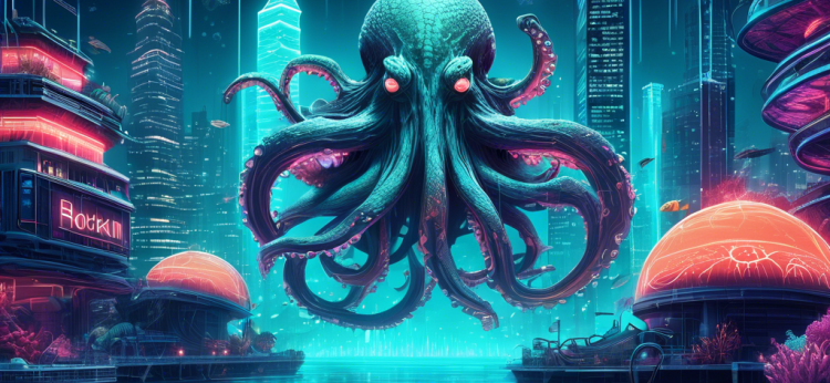 Create an image of a futuristic underwater city with a giant mythical Kraken gently holding various cryptocurrencies like Bitcoin, Ethereum, and Litecoin. The Kraken appears as a guardian, while digital streams of binary code flow through the water, intersecting with coral reefs made out of blockchain patterns. Central to the city is a sleek, modern hub with the word 'Kraken' illuminated in neon lights, symbolizing a comprehensive and secure gateway to the world of cryptocurrency.