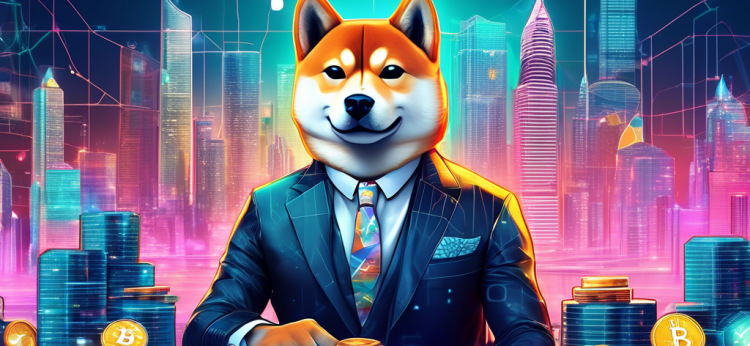 Create an image of a futuristic financial scene featuring a Shiba Inu dog dressed as a suave investor. The dog is analyzing vibrant charts and holographic crypto coins, including the Shiba Inu coin, Bitcoin, and Ethereum. The background should be a sleek, modern office with a cityscape view, emphasizing technology and innovation in the world of cryptocurrency investment.