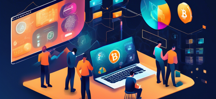 Create an image that depicts a diverse group of individuals analyzing different crypto trading platforms on various devices. Show contrasting interfaces of the platforms with distinct features like charts, graphs, and user reviews. Include a backdrop of a modern, high-tech workspace with digital elements symbolizing blockchain and cryptocurrency. Ensure a sense of decision-making and comparison is visually communicated.