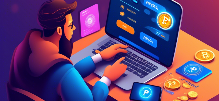 An informative and modern illustration showing a person using a smartphone and a laptop to buy cryptocurrency through PayPal. The scene captures a detailed step-by-step process, including selecting a crypto coin on an app, connecting to PayPal, and confirming the purchase. Icons of popular cryptocurrencies like Bitcoin and Ethereum are visible on the screen, with PayPal logo and user-friendly interface elements. Background elements of a home office, complete with books and plants, add a relatable touch.