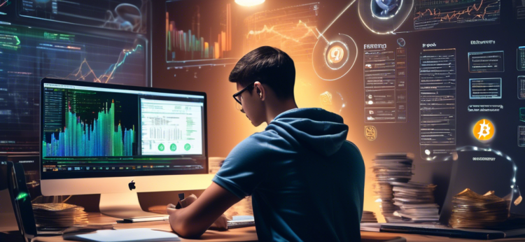 Create a detailed and visually engaging image of a young person sitting at a desk with a laptop, researching how to invest in cryptocurrency. The desk is cluttered with books titled Investing 101, Cryptocurrency Basics, and The Future of Finance. The computer screen displays popular cryptocurrencies like Bitcoin, Ethereum, and Ripple, with fluctuating graphs and news articles. In the background, there are motivational posters about financial growth and innovation, a piggy bank, and a small plant symbolizing growth. Make the scene vibrant and modern, emphasizing a learning environment filled with curiosity and ambition.