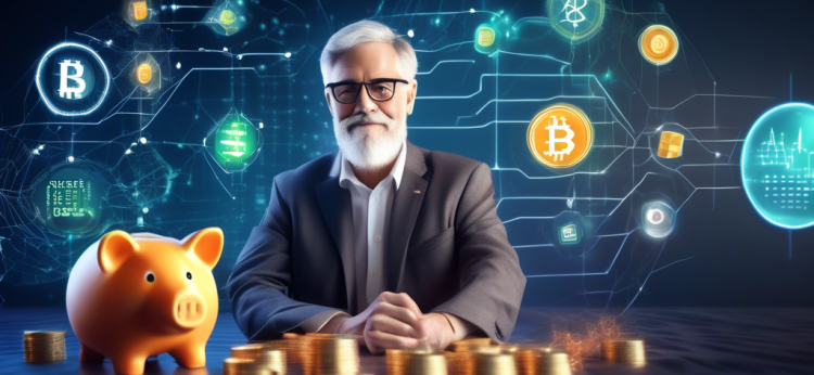 Create an image that illustrates the concept of maximizing retirement savings with a Crypto IRA. Show a confident person in their 50s or 60s, looking at a futuristic digital interface displaying various cryptocurrencies. In the background, include traditional retirement symbols like a piggy bank and a nest egg, blending seamlessly with digital elements like blockchain graphs, crypto coins (Bitcoin, Ethereum), and a secure lock symbol to represent secure investment. The overall mood should be hopeful and forward-thinking, highlighting the positive aspects of integrating modern cryptocurrency with traditional retirement planning.