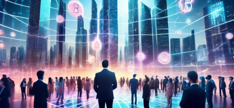 Create an image of a futuristic cityscape with towering skyscrapers made of blockchain patterns and holographic charts. People are using advanced devices to trade cryptocurrencies seamlessly. In the foreground, a diverse group of investors is gathered around a virtual display showing various cryptocurrency icons like Bitcoin, Ethereum, and others. The atmosphere should exude innovation, technology, and financial growth.