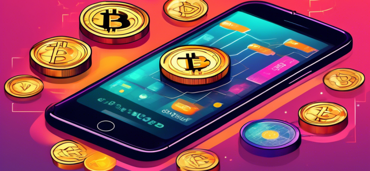 Create an image featuring a sleek, modern smartphone displaying various cryptocurrency apps on the screen. The background should include dynamic elements like graphs, coins with popular crypto symbols (Bitcoin, Ethereum, etc.), and tech-themed designs to convey the idea of high-tech investment and trading.