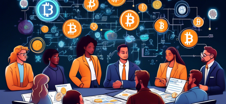 A detailed illustration showing a financial expert explaining cryptocurrency taxes to a diverse group of people. The expert is pointing at a large chalkboard with diagrams of coins and blockchain symbols, interspersed with tax forms and dollar signs. The background features digital currency icons, like Bitcoin and Ethereum, blending with traditional tax-related imagery, such as calculators, spreadsheets, and the IRS logo. The setting is a modern and well-lit office space to emphasize clarity and professionalism.