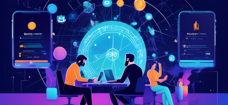 Create an illustration of people engaging with the Gemini cryptocurrency platform. The scene includes individuals using computers and smartphones, analyzing charts and graphs, and conducting transactions. The background should feature the Gemini logo prominently, along with imagery representing blockchain, digital currencies, and security. The environment should convey a modern, technologically advanced atmosphere, reflecting the comprehensive and educational nature of the guide.