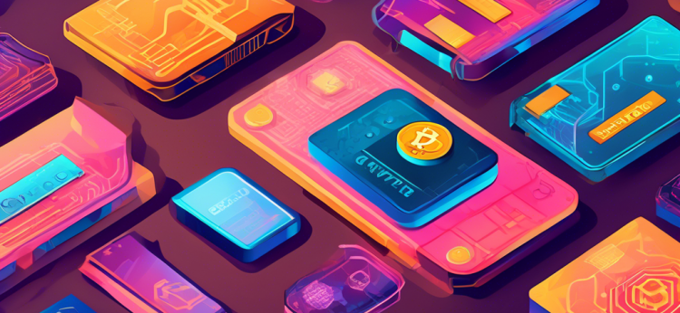 A visually striking graphic showing the different types of crypto wallets: a digital hardware wallet, a mobile app wallet, and a paper wallet, with a futuristic background featuring blockchain network visuals and vibrant cryptocurrency symbols like Bitcoin and Ethereum. The image should convey security, innovation, and the digital age.