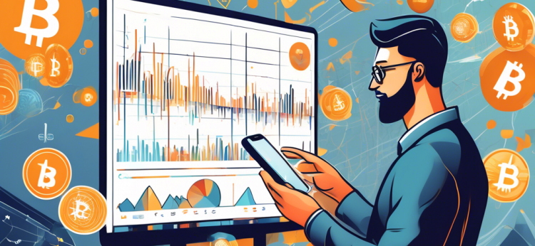 Create an illustration depicting the concept of fluctuating cryptocurrency prices. In the center, a large graph with sharp rises and falls represents volatility, with Bitcoin, Ethereum, and other popular crypto logos scattered around. To the left, include a worried investor checking his smartphone. To the right, draw a financial analyst explaining market trends using charts. In the background, incorporate symbols of market influences such as news headlines, government regulations, and social media trends. The overall tone should convey a dynamic and high-stakes environment.