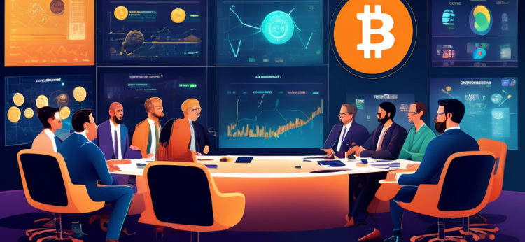 An illustrated image featuring a diverse panel of financial experts discussing their top cryptocurrency picks for 2023. The scene is set in a modern conference room with charts, graphs, and digital screens displaying various cryptocurrencies like Bitcoin, Ethereum, and emerging altcoins. The atmosphere is lively and professional, capturing the essence of expert discussions and investment strategies for the coming year.