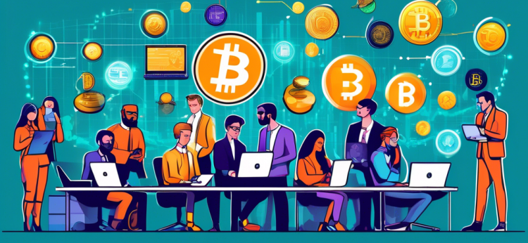 Create an illustration showing a diverse group of people examining various cryptocurrency trading platforms on their laptops and smartphones. Include icons or logos of popular cryptocurrencies like Bitcoin, Ethereum, and others. The background should feature a modern office setting with graphs, charts, and data screens on the walls, highlighting the analytical nature of choosing the best trading platform.