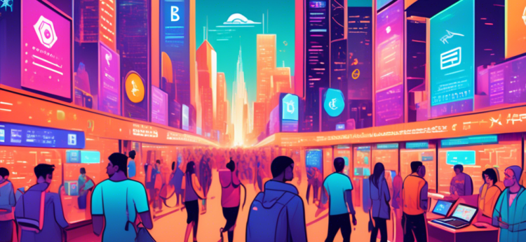 An illustration of a bustling digital marketplace where different cryptocurrency exchanges are lined up as colorful booths, each with unique signs and features. Shoppers with smartphones and cryptocurrency symbols above their heads are exploring options. The backdrop is a futuristic cityscape with digital screens showcasing various crypto prices and trends. Key elements include security icons, easy-to-use interfaces, and diverse cryptocurrency options.