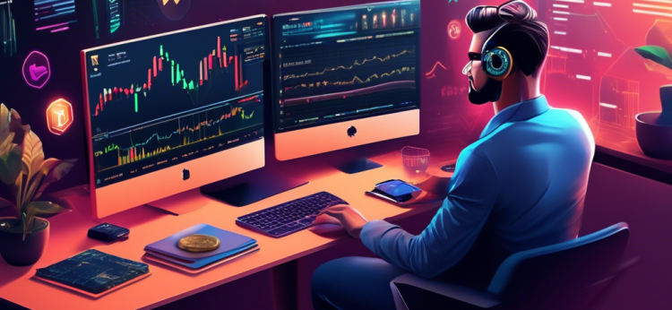 Create an image that depicts an individual trading cryptocurrency on the Webull platform. The scene should show a computer screen or mobile device displaying Webull's trading interface, with charts, graphs, and various crypto assets like Bitcoin, Ethereum, and other popular tokens. The trader should appear focused and engaged. Background elements could include a modern home office setup with elements of technology and finance, such as books on stock trading, a cup of coffee, and a comfortable chair.