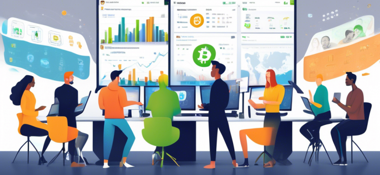 Create an illustration of a diverse group of people gathered around a large computer screen displaying the eToro platform with various cryptocurrency icons, like Bitcoin and Ethereum, visible on the screen. The people are shown in a lively discussion, with some holding notebooks and others pointing at the screen. The background features a modern office space with sleek design elements and some financial charts on the walls. The overall tone is educational and welcoming, reflecting a beginner's guide to cryptocurrency trading on eToro.