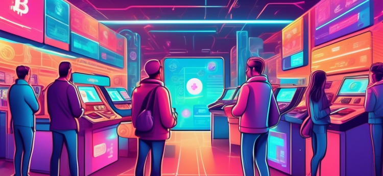 Create an image of a futuristic digital marketplace where people are seamlessly buying cryptocurrency using a credit card without any verification process. The scene should include holographic displays of various cryptocurrencies, an ATM-like machine dispensing digital coins, and users interacting with touchscreens, all in a high-tech, vibrant environment.