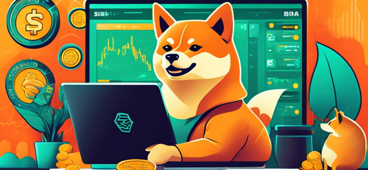 Create a vibrant and detailed digital illustration of a person comfortably sitting at a laptop, completing a Shiba Inu Coin purchase. The screen shows a cryptocurrency exchange interface with the Shiba Inu logo prominently displayed. Surrounding the person, symbols of cryptocurrency success like upward-trending graphs, digital wallets, and a playful Shiba Inu dog are incorporated. The scene is set in a modern, cozy home environment, emphasizing ease and accessibility.