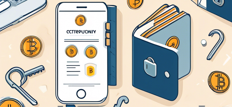 Create a detailed illustration of a beginner-friendly guidebook on How to Safely Buy Cryptocurrency. The guidebook should have an inviting cover featuring a lock and key symbol, a Bitcoin logo, and a shield for security. Surrounding the guidebook, depict elements such as a smartphone, a digital wallet, a padlock, and step-by-step illustrated tips like conducting research, choosing a reliable exchange, setting up two-factor authentication, and storing cryptocurrencies securely. The background should be light and visually appealing to convey clarity and approachability.