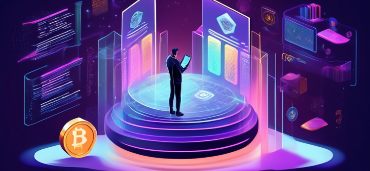 Create an illustration of a futuristic digital library with floating holographic screens. The screens display various aspects of cryptocurrency such as blockchain chains, graphs, security symbols, and coins like Bitcoin and Ethereum. In the center, a person in modern attire stands with an open book titled How to Uphold Crypto: A Comprehensive Guide, looking knowledgeable and in control. The background features a sleek, high-tech environment with servers and cryptographic symbols subtly integrated into the architecture.