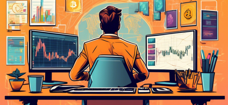 Create an illustration of a person confidently day trading cryptocurrency on multiple computer screens, surrounded by charts, graphs, and digital currency symbols like Bitcoin and Ethereum. The background should feature a modern home office setup with a cup of coffee and motivational post-it notes, reflecting a focused and dynamic atmosphere.