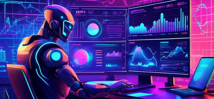 Create an illustration of a futuristic financial dashboard filled with digital charts, graphs, and cryptocurrency symbols. Display an intelligent trading bot, depicted as a sleek, high-tech robot, actively analyzing data on the screen. The background should include elements of a high-energy trading environment with neon lights and holographic interfaces to emphasize advanced technology and the world of cryptocurrency trading.