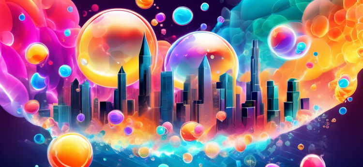 Create an illustration depicting the volatile nature of cryptocurrency markets: envision a vibrant cityscape where large, colorful bubbles represent different cryptocurrencies like Bitcoin and Ethereum. Some bubbles are rising rapidly, reflecting soaring values, while others are bursting or deflating, symbolizing crashing prices. In the background, a stock market graph illustrates sharp peaks and troughs, emphasizing volatility. The overall atmosphere should convey both excitement and caution, capturing the unpredictable essence of crypto market dynamics.