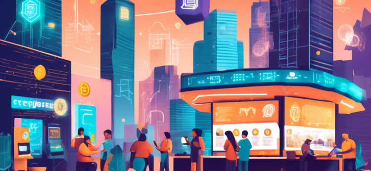 Create an illustration depicting the rise and impact of cryptocurrencies. The image should include a dynamic cityscape where traditional buildings are interwoven with digital elements like circuit patterns and blockchain symbols. People from diverse backgrounds are engaging in various activities, such as trading on their smartphones, using crypto ATMs, and discussing blockchain technology in a modern café. In the background, a large digital billboard displays fluctuating crypto prices, and the sky is filled with vibrant graphics representing different cryptocurrencies like Bitcoin, Ethereum, and more, highlighting their growing influence and integration into everyday life.