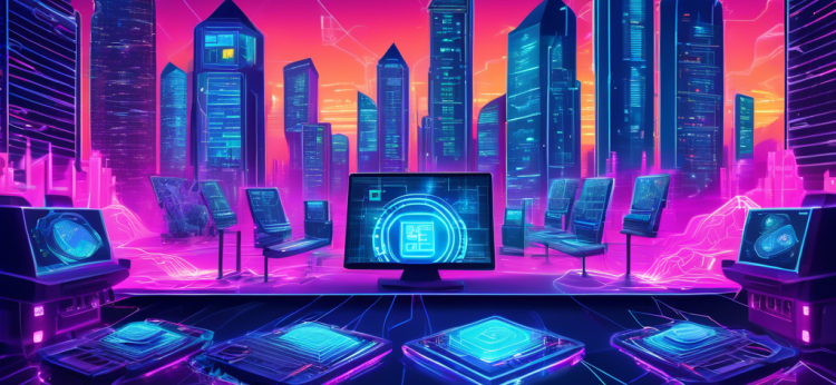 Create a detailed illustration showcasing a futuristic cryptocurrency mining facility. Depict rows of advanced computer servers with digital currency symbols floating above them. In the background, show a cityscape with a mix of modern skyscrapers and nature, symbolizing technological progress and environmental concerns. Add charts and graphs on digital screens to represent the economic impact. Use a palette of vibrant neon colors and cool metallic tones to emphasize the cutting-edge technology and dynamic nature of cryptocurrency mining.