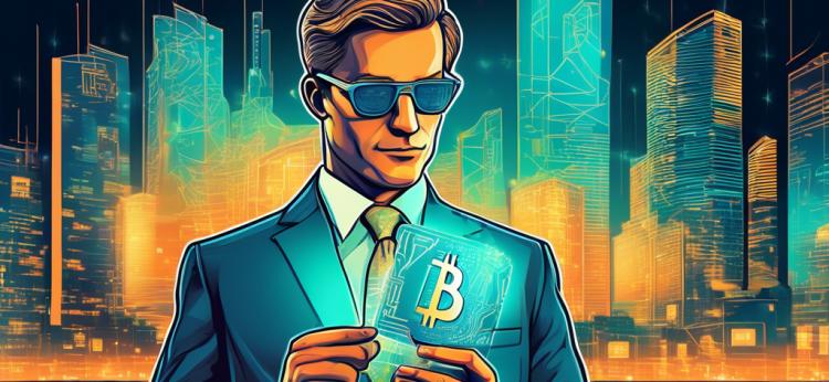 Create an image of a businessman using a sleek, futuristic credit card with a prominent Bitcoin symbol in a modern urban setting. Highlight the theme of innovation and technology, with elements such as holographic interfaces, digital transactions visualized as glowing pathways, and a background that combines traditional financial institutions with digital currency symbols.