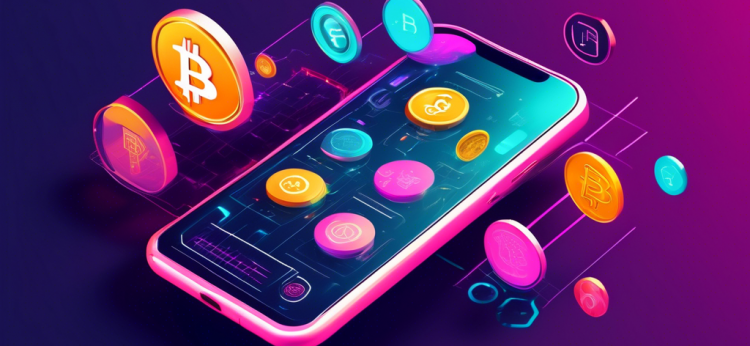 Create an image showcasing a futuristic design of a smartphone with various cryptocurrency app icons on its screen. Display digital graphs and crypto symbols in the background to highlight the trends of 2023. Make sure the apps are arranged in an aesthetically pleasing and organized manner.