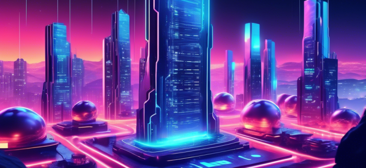 Create an image showing a futuristic landscape with massive data centers and high-tech mining rigs. The scene should include glowing neon lights and holographic displays showcasing popular cryptocurrencies like Bitcoin, Ethereum, and others. Virtual figures or avatars representing miners should be seen operating the machines. The sky is filled with digital currency symbols, and the backdrop features a sleek, modern cityscape.