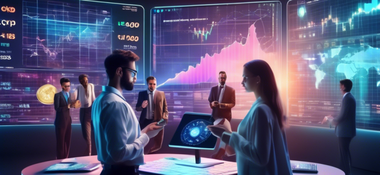 Create an image showing a futuristic digital stock market scene, with holographic charts and graphs that resemble cryptocurrency symbols like Bitcoin, Ethereum, and more. Include a diverse group of investors engaging with tablets and smartphones, displaying excitement and focus. The background should feature a sleek, modern trading floor with screens showcasing real-time crypto stock prices and trends. Highlight the theme of innovation and modern digital investing.