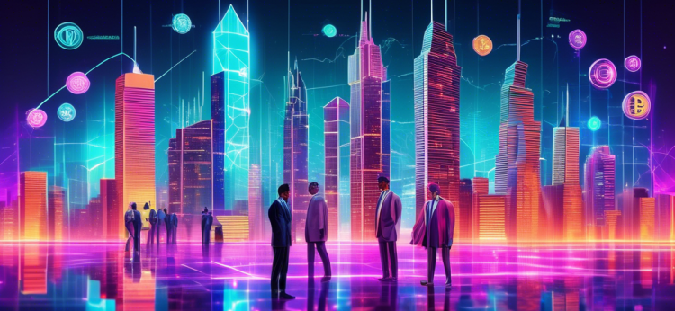 A futuristic digital cityscape featuring skyscrapers made of cryptocurrency coins like Bitcoin, Ethereum, and other top cryptocurrencies, glowing in various colors. Investors in modern attire are seen analyzing holographic charts and graphs, representing the dynamic market trends. The scene is vibrant and conveys innovation, technology, and high-stakes investment opportunities.