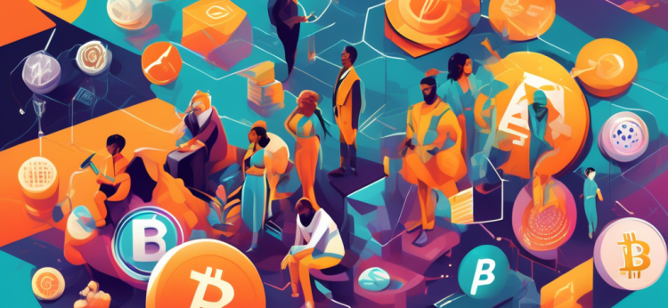 Create an image depicting a diverse collection of altcoins, each uniquely designed and representing various cryptocurrencies. The background should feature a futuristic, digital landscape with charts and graphs showcasing rising trends and blockchain technology. Include a friendly character explaining the altcoins to a small group of people, symbolizing a beginner's guide to understanding these digital currencies.