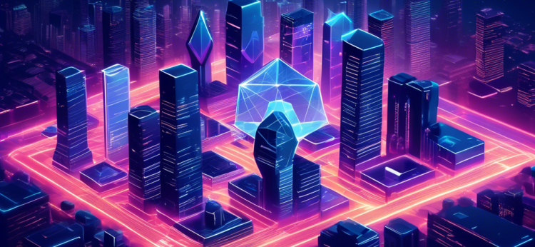 Create an image that illustrates the concept of Polygon Crypto, featuring a blend of technology and finance elements. Show a sleek, futuristic cityscape with interconnected networks represented by glowing lines, incorporating Polygon's logo and symbols of decentralized finance such as cryptocurrency coins, blockchain nodes, and digital wallets. Ensure the image has a modern, educational tone that conveys both complexity and clarity.