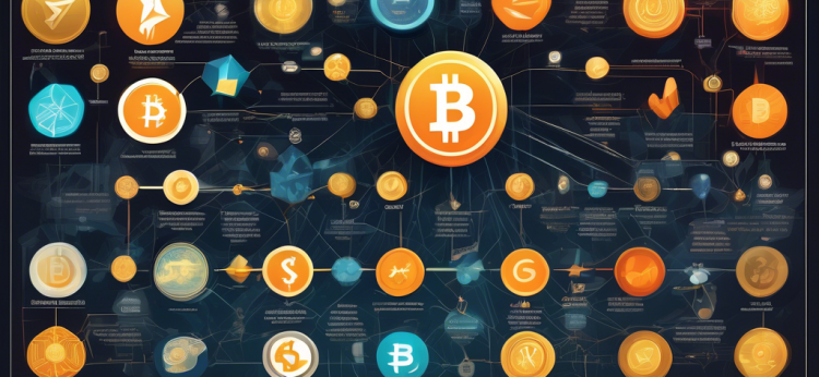 A detailed infographic featuring various cryptocurrencies represented as shiny, digital coins, with Bitcoin, Ethereum, and other major tokens prominently displayed. The background includes blockchain nodes and connections, while the foreground showcases key statistics, graphs, and explanations about how cryptocurrency works.