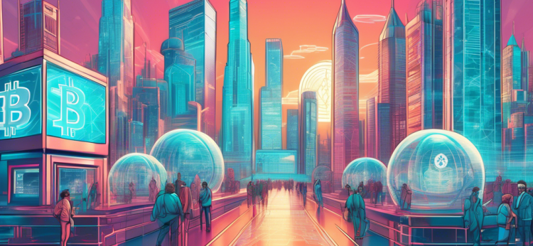 Create a digital illustration of a futuristic cityscape where traditional bank buildings are integrated with modern, high-tech architecture. Show holographic signs displaying cryptocurrency symbols like Bitcoin, Ethereum, and others. Include people using advanced digital interfaces and smartphones for transactions. The atmosphere should reflect innovation and the seamless integration of traditional finance with cryptocurrency.