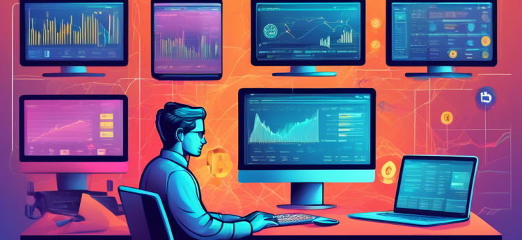 Create a detailed illustration of a person analyzing various aspects of different cryptocurrency exchanges on multiple screens. Include elements such as security features, user reviews, fees, and trading volume metrics. The setting should be modern with sleek technology, depicting a thorough comparison process.