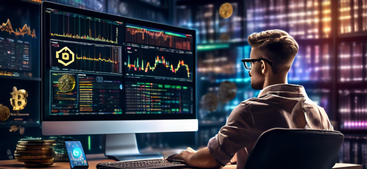 Create an image of a young investor sitting at a modern desk, comparing different cryptocurrency platforms on a high-tech computer screen. The screen displays a variety of crypto platform logos, charts, and graphs. In the background, a bookshelf filled with finance books and several digital coins (like Bitcoin, Ethereum) placed as decoration. The scene exudes a sense of careful decision-making and futuristic finance technology.