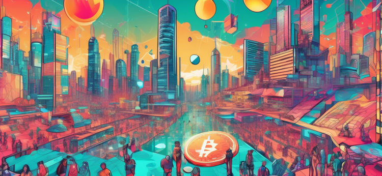 Create an image featuring a vibrant digital landscape filled with various eye-catching alt coins, including Ethereum, Ripple, and Litecoin, set against a backdrop of a futuristic city with blockchain technology elements, computer screens displaying cryptocurrency charts, and a diverse group of enthusiastic people exploring and discussing the alt coin world.