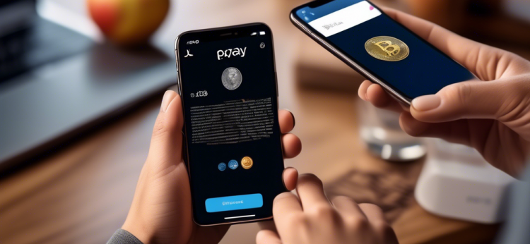 Create an image that shows a person using their smartphone to purchase cryptocurrency using Apple Pay. The smartphone screen should display an interface with options for selecting different cryptocurrencies like Bitcoin, Ethereum, and Litecoin. The Apple Pay logo should be visible, along with a fingerprint or Face ID authentication prompt, symbolizing the final step in the purchase process. In the background, include subtle elements such as digital coins and Blockchain symbols to emphasize the cryptocurrency theme.