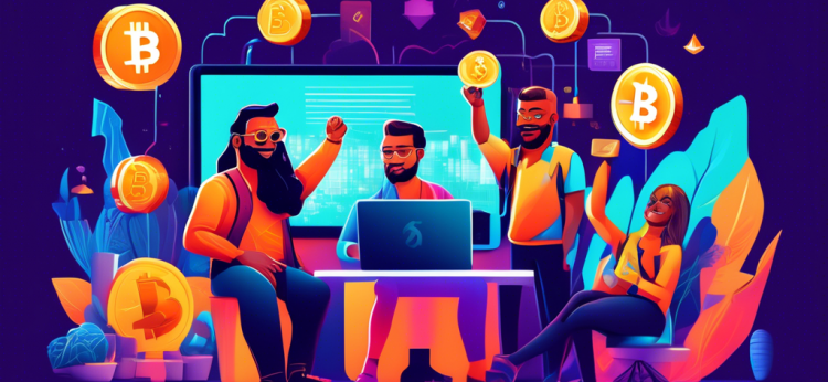 A vibrant and engaging illustration showing a diverse group of people exploring various ways to earn cryptocurrency. The scene includes people mining crypto on computers, participating in online surveys, completing freelance work, playing blockchain games, earning through staking, and investing in real estate using crypto. The background features digital graphics of popular cryptocurrencies like Bitcoin, Ethereum, and Ripple, and a friendly guide character holding a sign that says 'Beginner's Guide'.