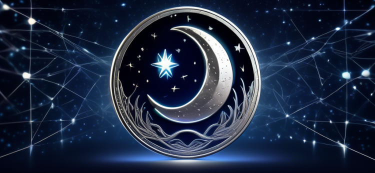 Create an image of a glowing silver coin with the emblem of a crescent moon at its center, symbolizing the Luna cryptocurrency. The coin should be floating in a starry night sky, with constellations and digital lines forming a network around it, representing blockchain technology. The background should feature a cosmic scene with galaxies and nebulae, giving the impression of an emerging star in space.