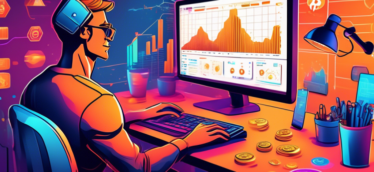 Create a detailed illustration of a beginner-friendly crypto bot interface on a computer screen, with charts, graphs, and settings options visible. Show a person excitedly looking at the screen with a stack of cryptocurrency coins beside them. The background should be a modern, cozy home office with a couple of motivational posters on the wall.