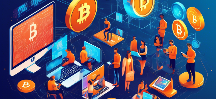 Create a detailed digital illustration of a diverse group of people using various devices such as laptops and smartphones to buy cryptocurrencies. The background can include symbols of popular cryptocurrencies like Bitcoin, Ethereum, and Ripple, alongside educational elements like charts, graphs, and guides. The atmosphere should be modern and futuristic, highlighting the accessibility and innovation in the world of crypto trading.