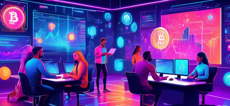 Create a vibrant and detailed digital illustration of a futuristic marketing team strategizing in a high-tech office, surrounded by holographic charts, cryptocurrency symbols like Bitcoin, Ethereum, and NFTs floating around. The team's diverse members are engaged in lively discussion, with laptops and digital tablets. The background showcases a cityscape with neon lights, reflecting rapid technological advancements in the world of crypto marketing.