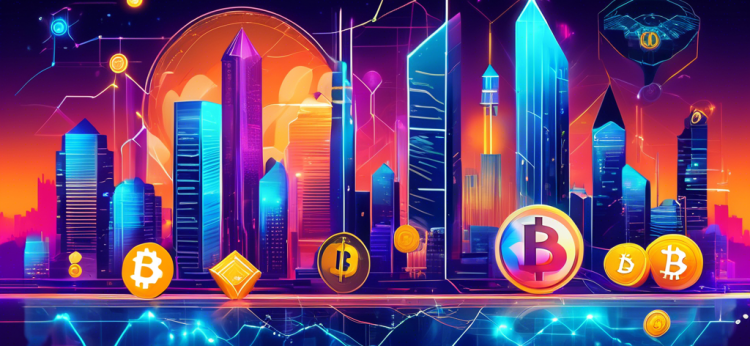 Create a vibrant and dynamic digital illustration showcasing a collection of popular cryptocurrencies, each represented by their unique logos and symbols, arranged in a futuristic financial landscape. Highlight Bitcoin, Ethereum, Binance Coin, Cardano, and Solana as the top picks. Include elements like glowing graphs, upward-trending lines, and a modern city skyline in the background to convey the theme of investment and growth.