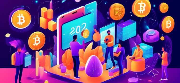 Create a digital illustration depicting various methods to earn free cryptocurrency in 2023. The scene should include people actively engaging with smartphones and laptops, completing tasks, participating in airdrops, staking tokens, and using decentralized applications (dApps). Include diverse characters and vibrant, futuristic elements to emphasize the modern and dynamic nature of earning crypto. Background can feature blockchain symbols, upward digital graphs, and a virtual landscape representing a thriving crypto ecosystem.